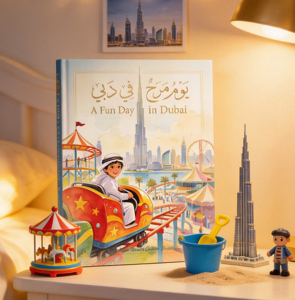 Arabic children's picture book A Fun Day in Dubai hardcover on nightstand with carousel toy and Burj Khalifa model