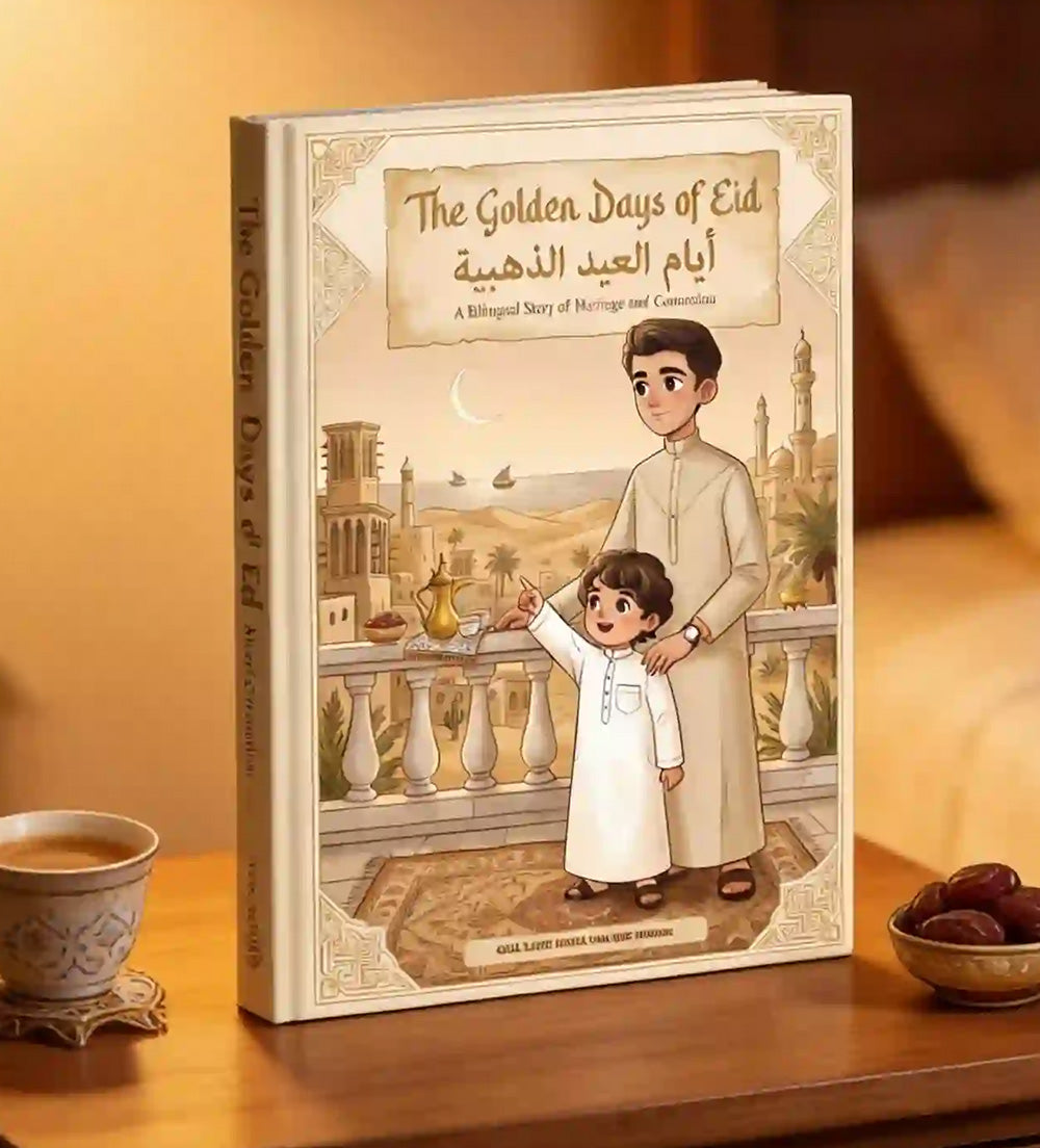 golden-days-eid-cover: Arabic bilingual children's book The Golden Days of Eid on nightstand with crescent moon lantern and dates