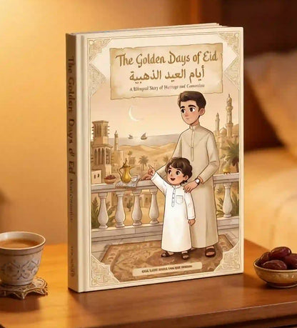 golden-days-eid-cover: Arabic bilingual children's book The Golden Days of Eid on nightstand with crescent moon lantern and dates