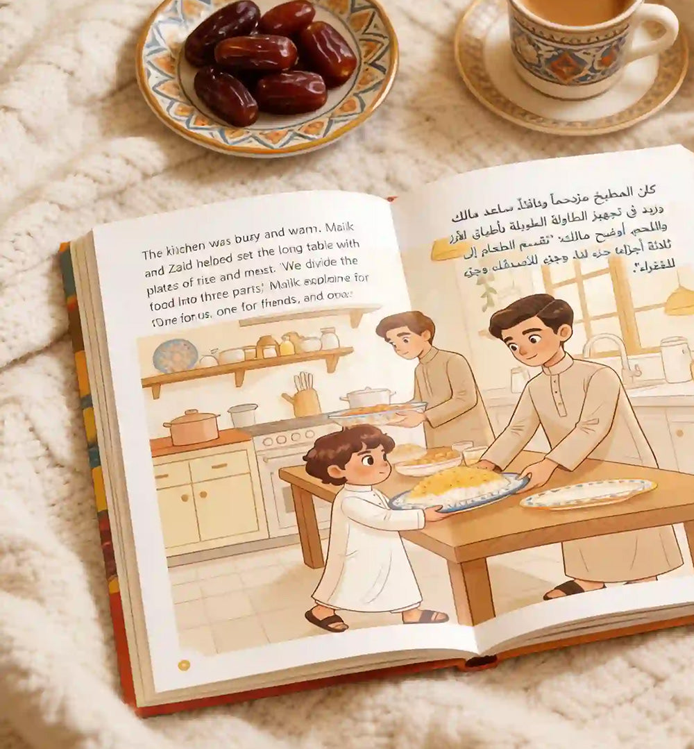 golden-days-eid-book-open: Arabic children's book open pages showing brothers celebrating Eid morning on wooden desk with Arabic coffee