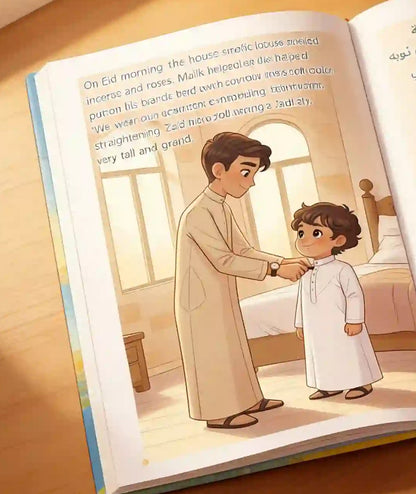 golden-days-eid-inner-pages: Arabic picture book open on soft blanket with traditional food basket and dates plate