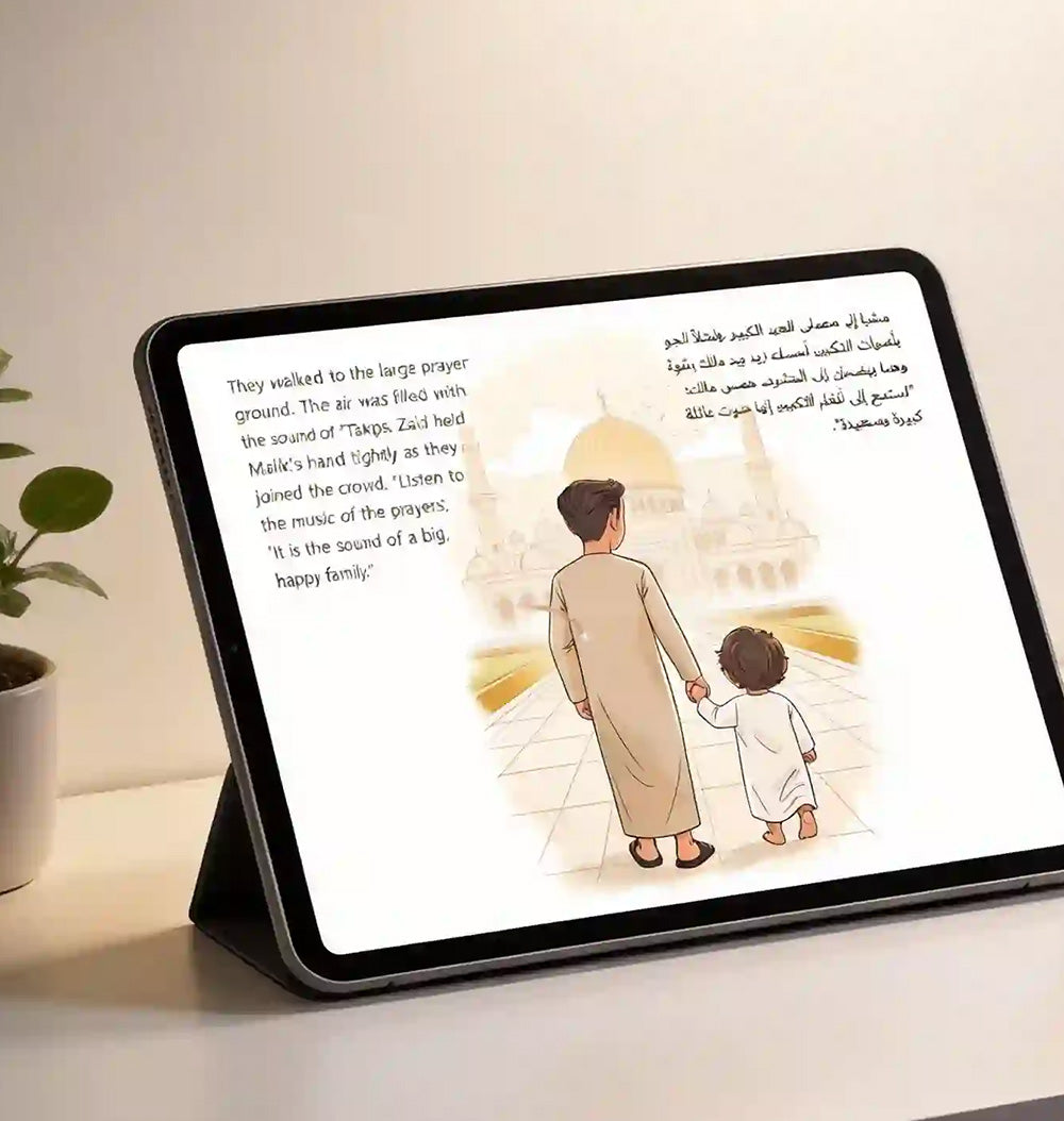 golden-days-eid-on-ipad: Arabic children's storybook on iPad with potted plant and decorative cushion
