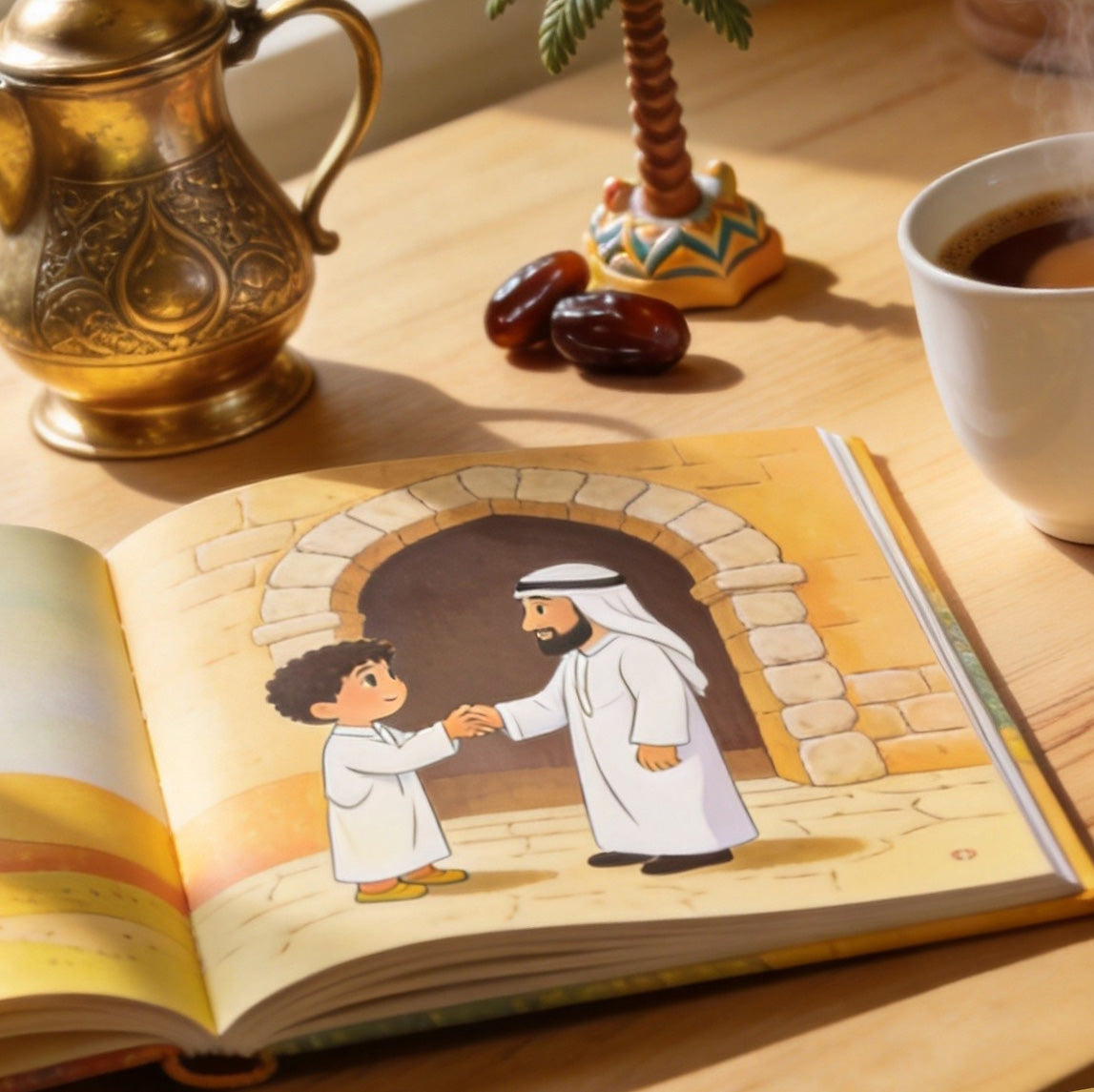 golden-greetings-ipad: Arabic children's storybook on iPad with dallah pot and Arabian doorway model