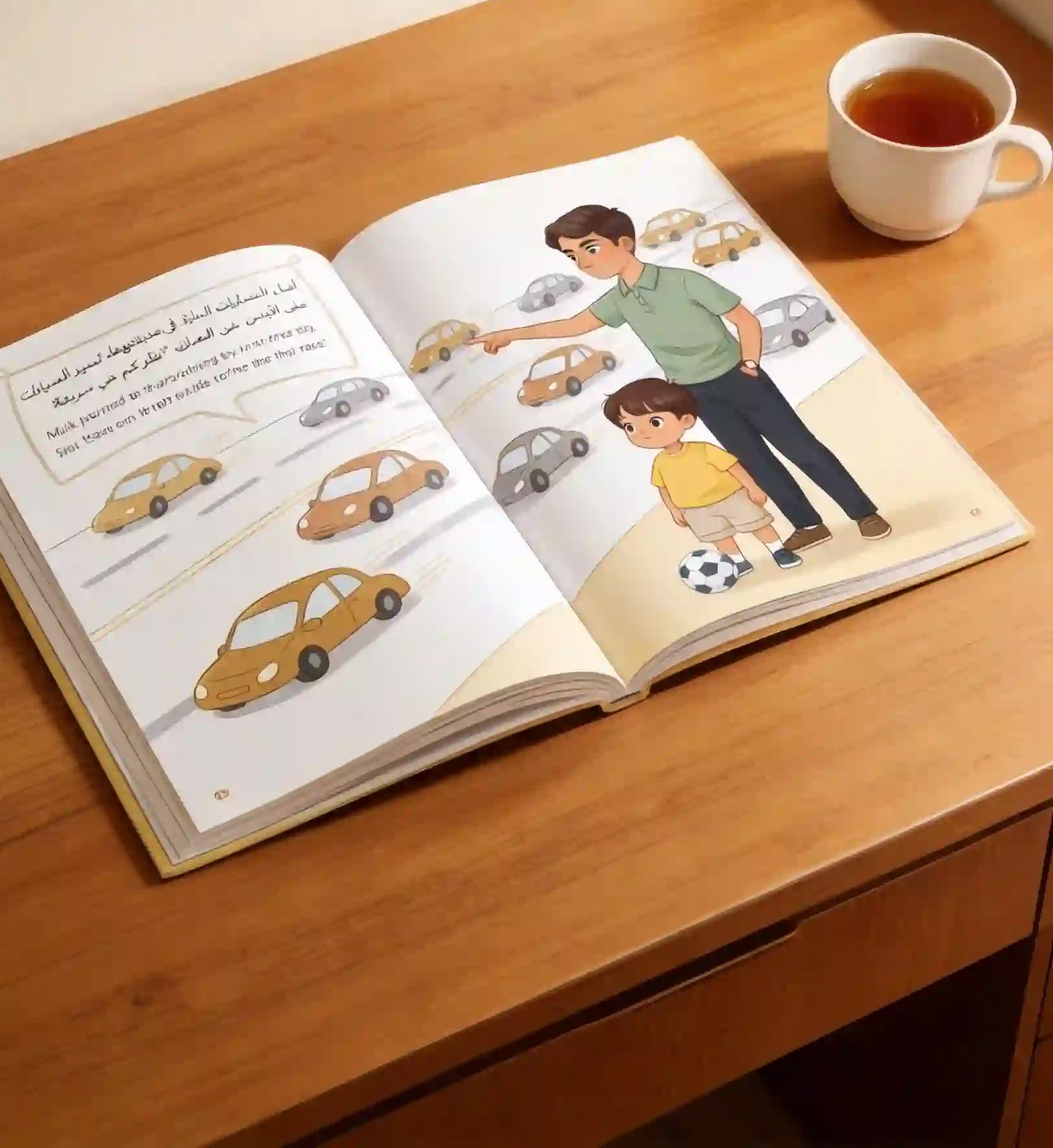 golden-path-park-book-open: Arabic children's book open pages showing brothers waiting at crosswalk on wooden desk with potted plant