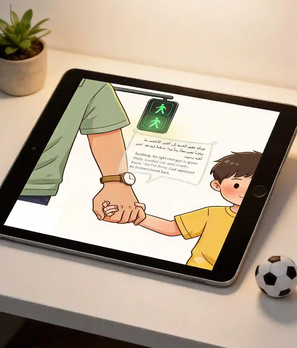 golden-path-park-on-ipad: Arabic children's storybook on iPad with potted plant and small toy car