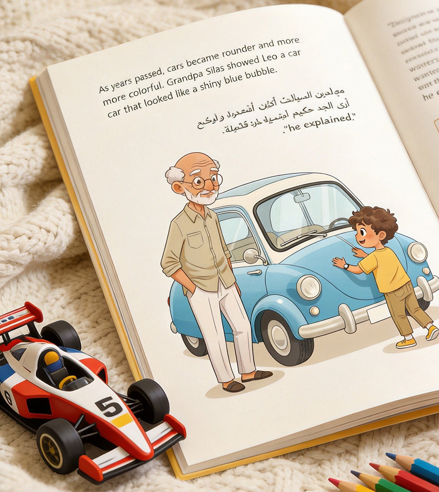 olden-wheels-book-open: Arabic children's book open pages showing horse carriage history on wooden desk with wooden carriage model