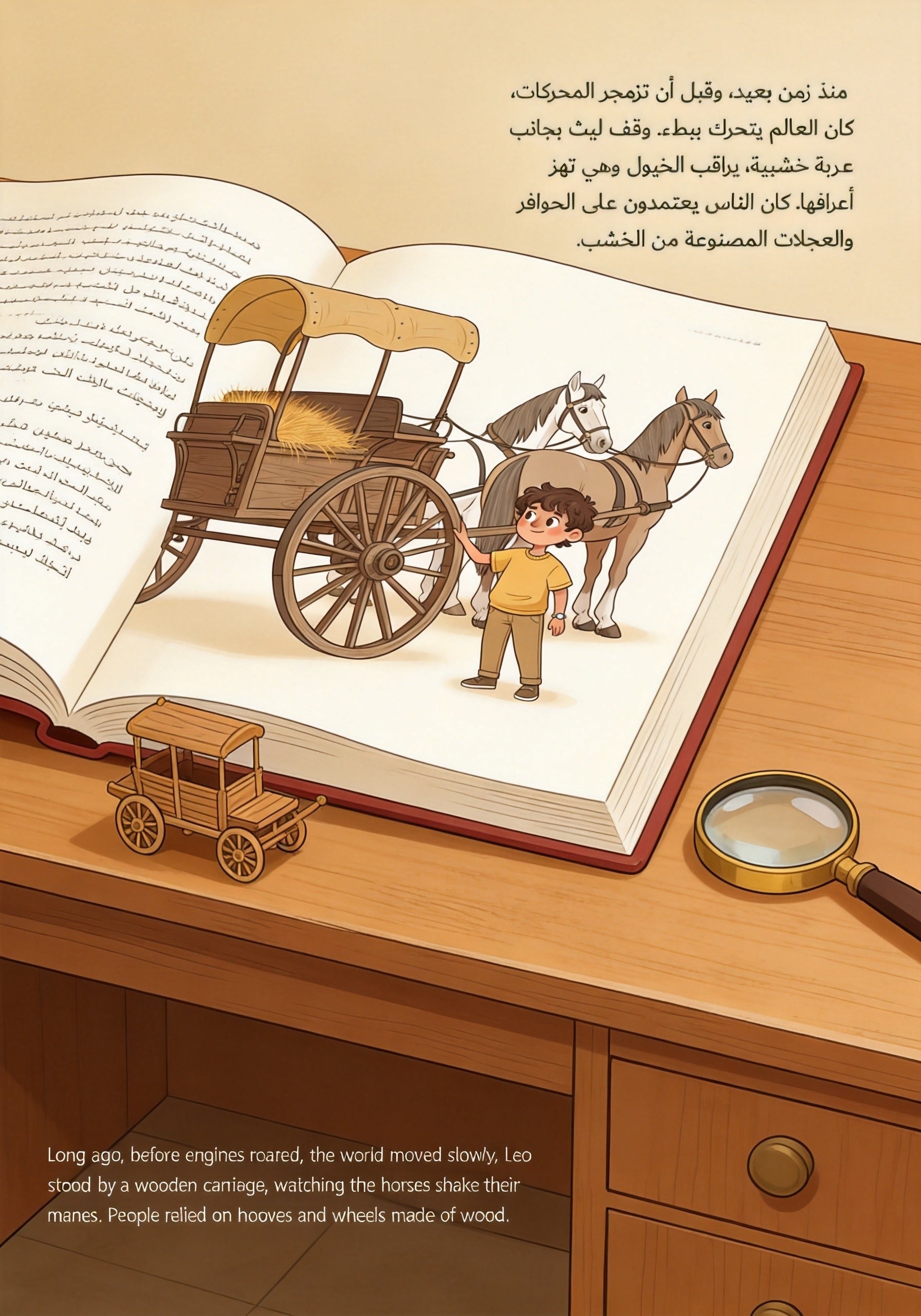 golden-wheels-on-ipad: Arabic children's storybook on iPad with toy electric car and potted plant