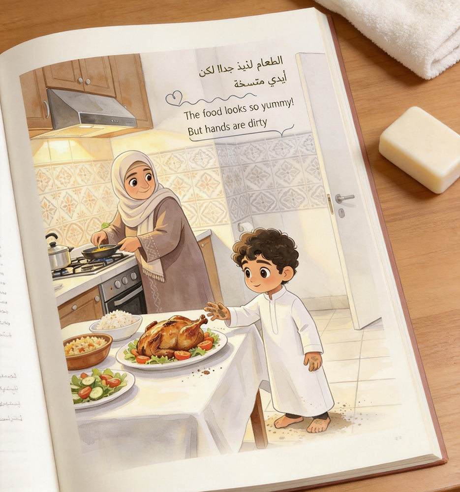handwashing-song-book-open: Arabic children's book open pages showing boy with dirty hands at kitchen on wooden desk with soap