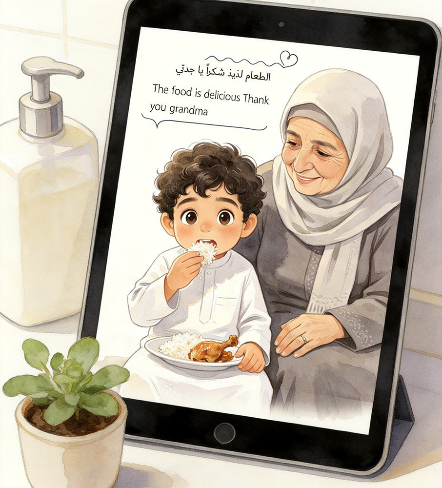 handwashing-song-on-ipad: Arabic children's storybook on iPad with soap dispenser and potted plant