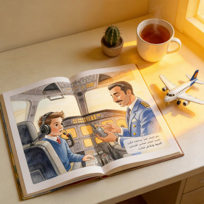 Inside page of I Want to Be a Pilot — boy in airplane cockpit with pilot, Arabic illustrated storybook PDF