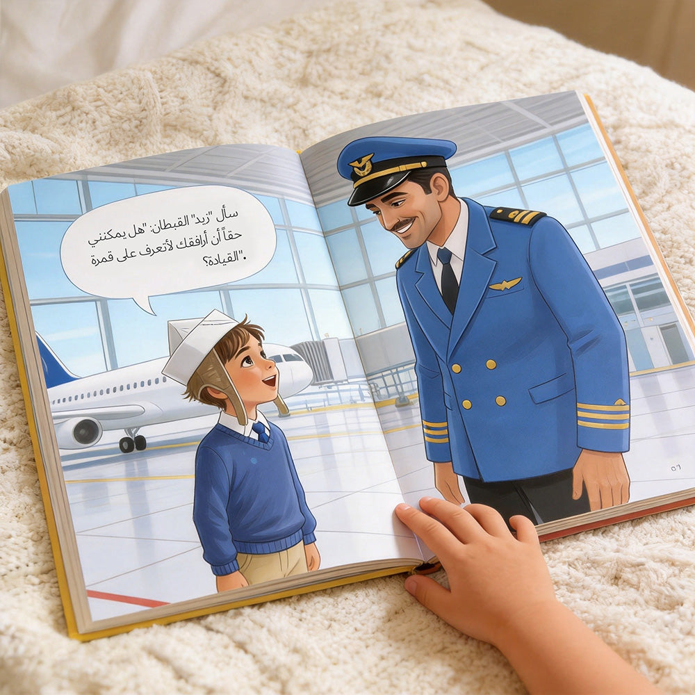 Want to Be a Pilot Arabic children's book — boy meets pilot at airport, colorful illustrated story page