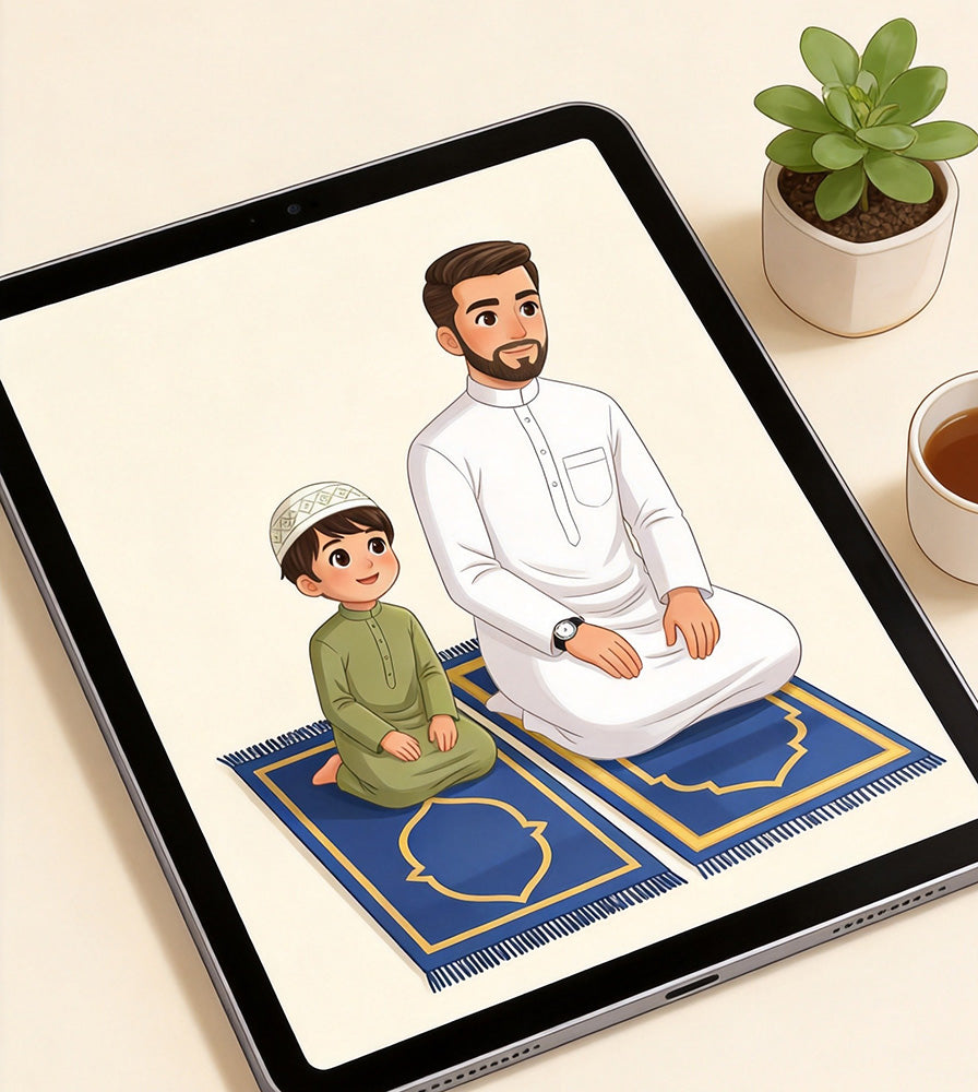 steps-of-light-on-ipad: Arabic children's storybook on iPad with potted plant and cup