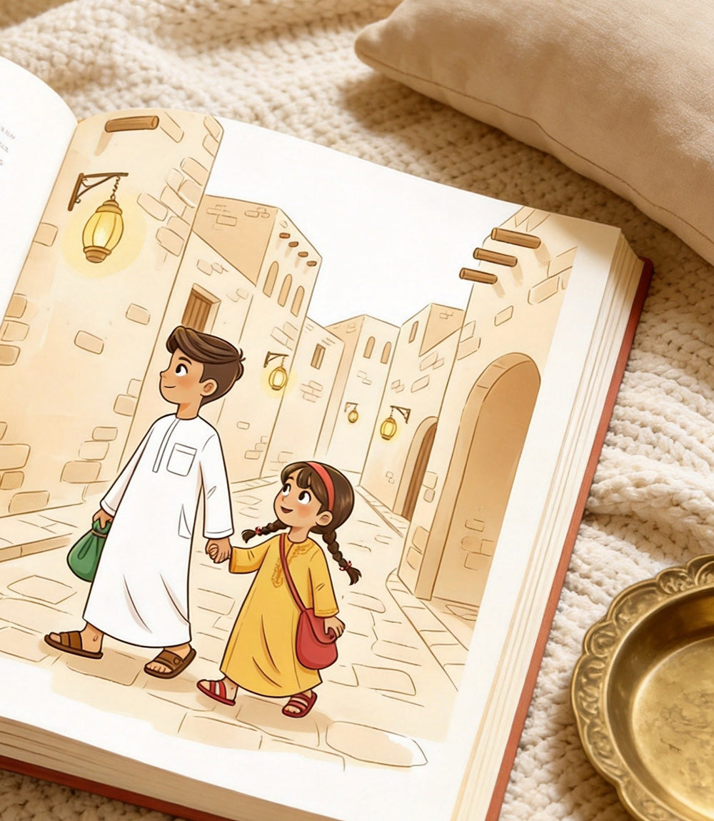 sweetest-night-book-open: Arabic children's book open pages showing girl in colorful jalabiya celebrating Haq Al Laila on wooden desk