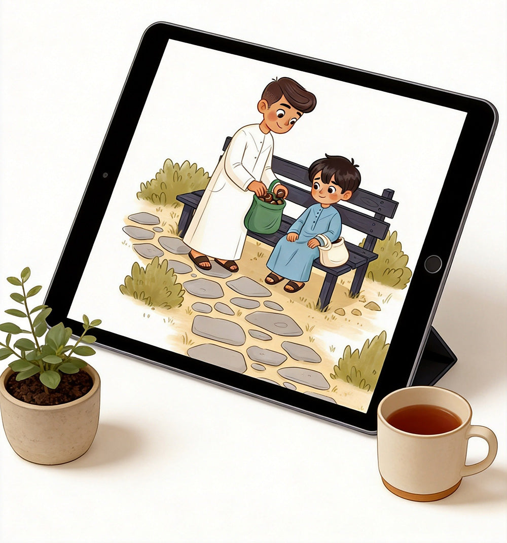 sweetest-night-on-ipad: Arabic children's storybook on iPad with potted plant and cup
