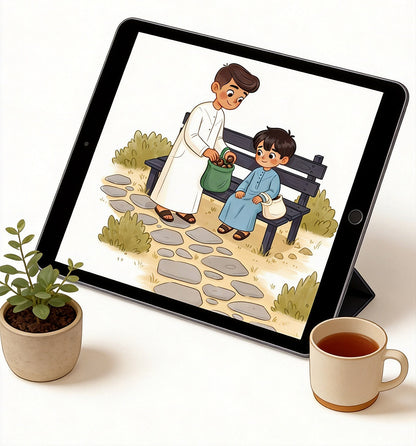sweetest-night-on-ipad: Arabic children's storybook on iPad with potted plant and cup
